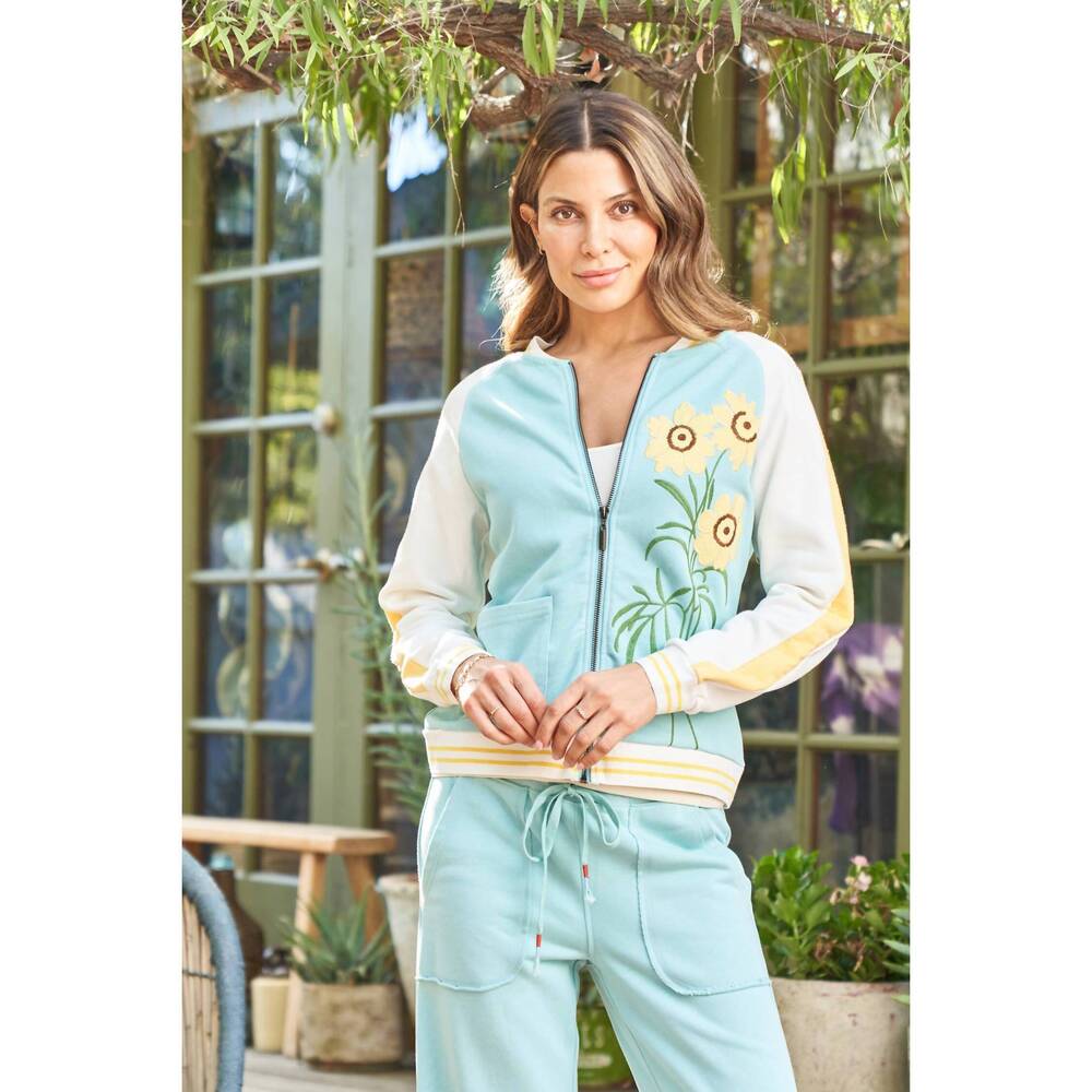 NEW PAPARAZZI french terry embroidered baseball jacket in aqua